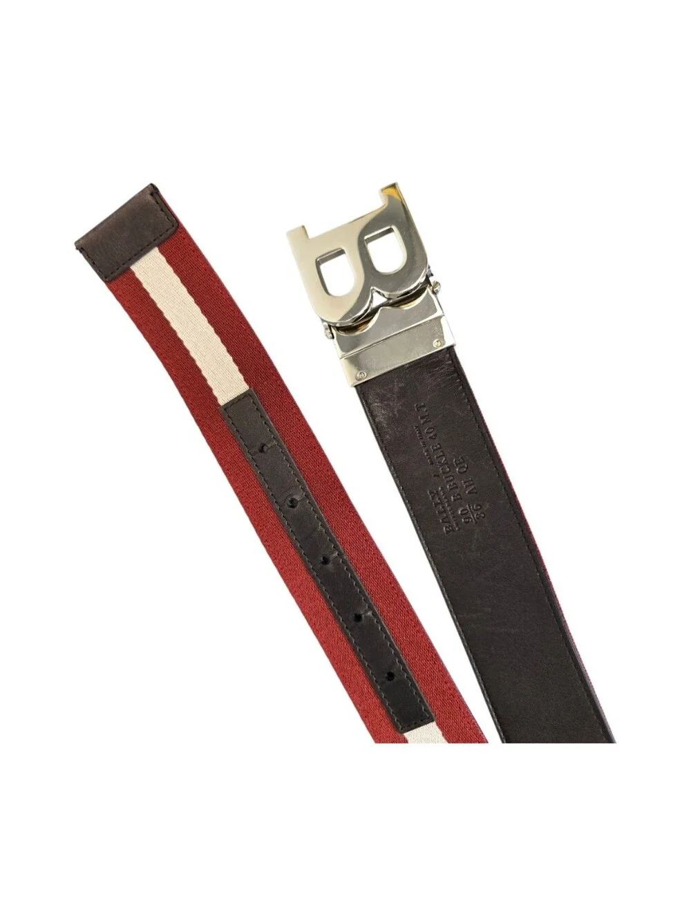 Bally Men's Size 90/36 Reversible B Buckle Canvas & Leather Belt Burgundy/Cream